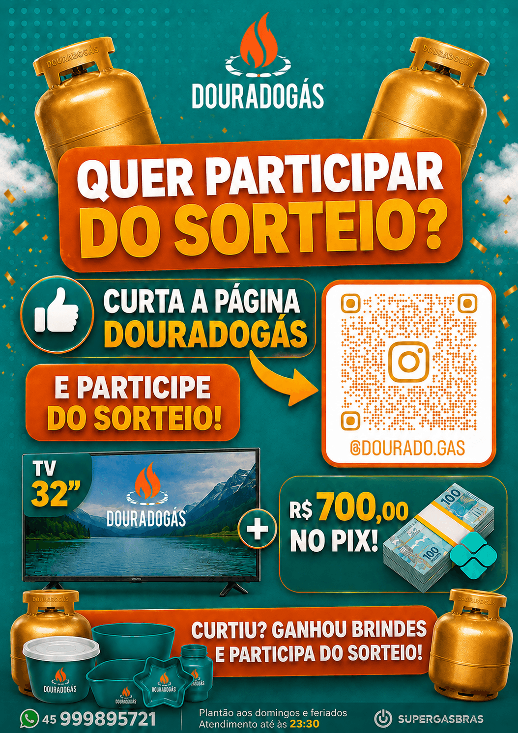 Arte oficial da promoção Dourado Gás com TV de 32 polegadas e R$ 700 no Pix.